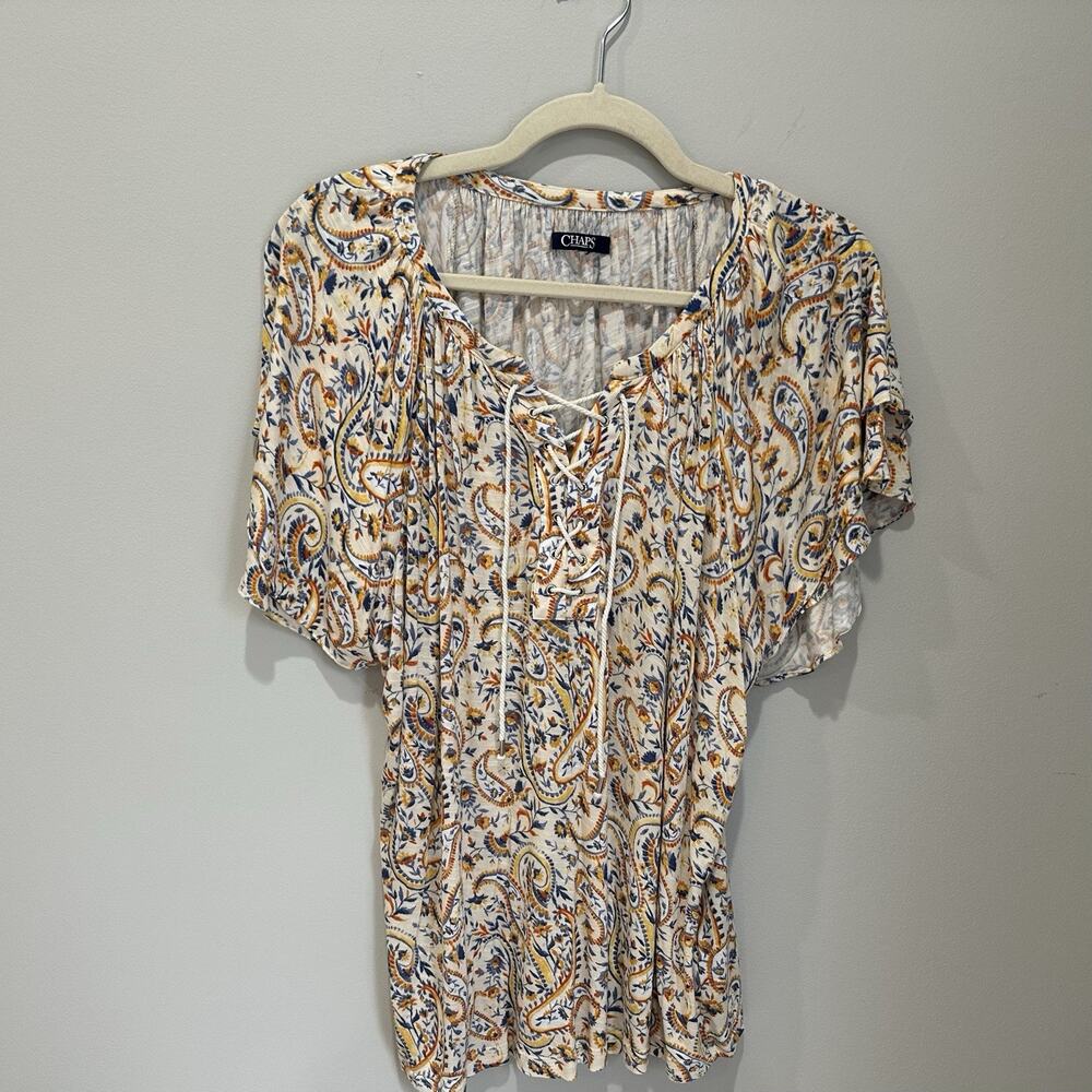 Chaps Paisley Boho Peasant Blouse sz XL‎ Cream/blue Multi
